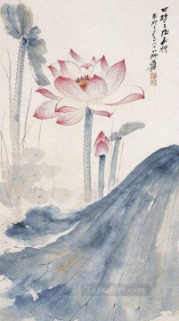 Chang dai chien lotus 2 old China ink floral decoration Oil Paintings